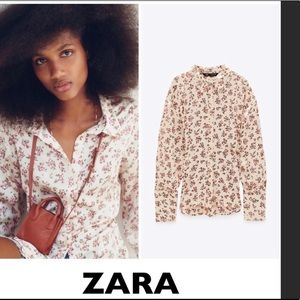 Zara vanilla floral satin printed long sleeve top, size small